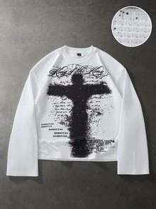 PAVTROS Men's Minimalist Cross Letter Print Long Sleeve Crew Neck T-Shirt - White - View 1