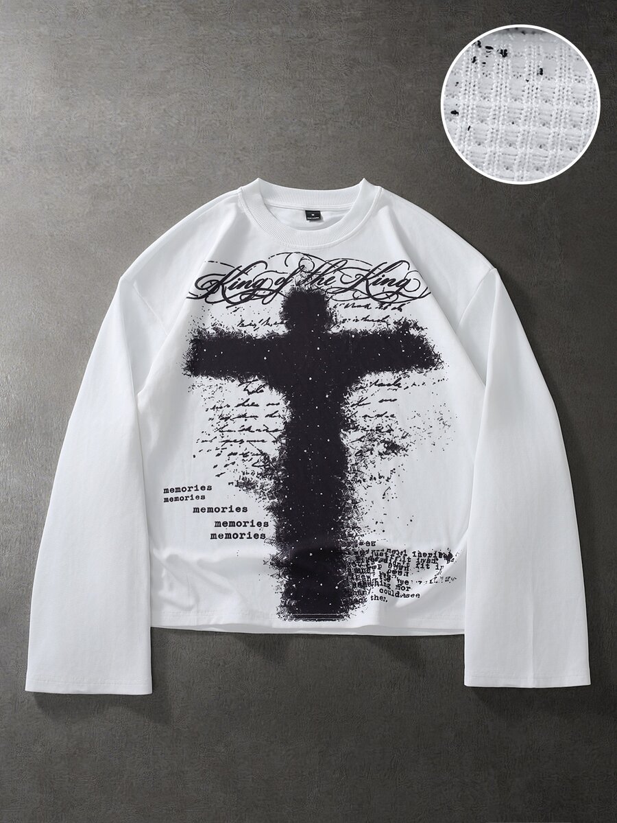 PAVTROS Men's Minimalist Cross Letter Print Long Sleeve Crew Neck T-Shirt - White - View 1