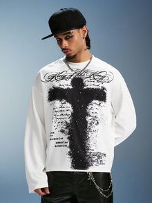 PAVTROS Men's Minimalist Cross Letter Print Long Sleeve Crew Neck T-Shirt - White - View 5