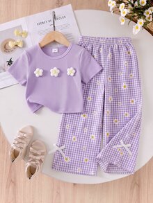 SHEIN 2 قطعة/مجموعة تي شيرت منسوجة مزينة بزهور ثلاثية الأبعاد مع بنطال طويل كاجوال، مناسبة للخروجات الكاجوالية وعيد الميلاد السابع في الصيف - الأرجواني - مشاهدة 2