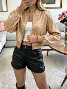 Penseblé Áo khoác tiệc nữ phong cách tối giản thường ngày màu bạc lấp lánh, mùa thu - Màu Khaki - Xem 3