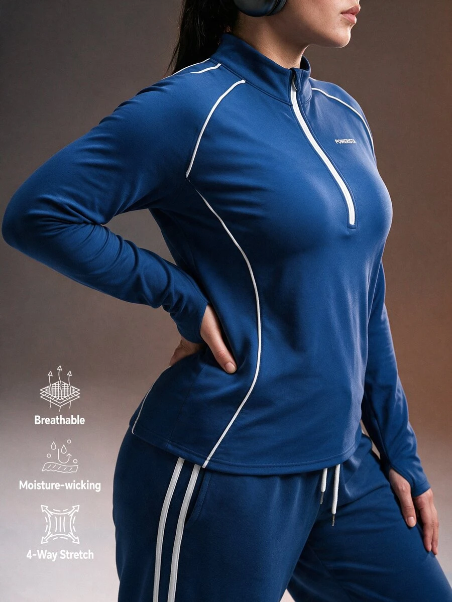 Powerista Women's Plus Size Navy Blue Color Performance Sports Jacket Flexible Zip Stand Collar With White Stripes For Running And Training