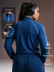 Powerista Women's Plus Size Navy Blue Color Performance Sports Jacket Flexible Zip Stand Collar With White Stripes For Running And Training - Navy Blue - View 3