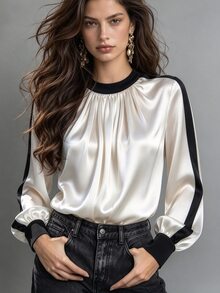 Trelyra Elegant Daily Commute Office Shirt Black & White Color Block Patchwork French Style Party Holiday Blouse - Multicolor - View 2