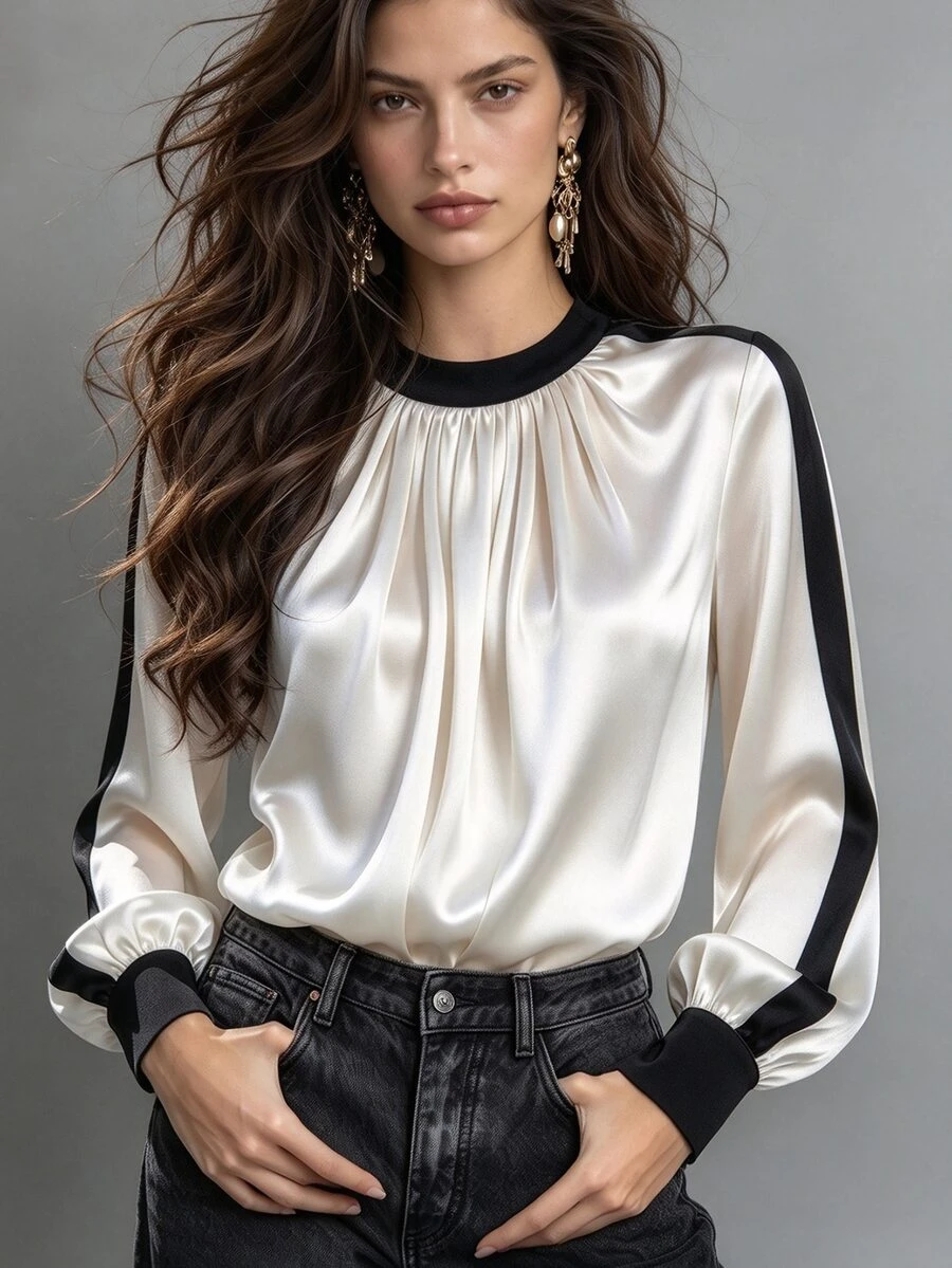 Trelyra Elegant Daily Commute Office Shirt Black & White Color Block Patchwork French Style Party Holiday Blouse