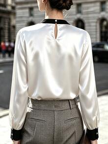 Trelyra Elegant Daily Commute Office Shirt Black & White Color Block Patchwork French Style Party Holiday Blouse - Multicolor - View 3