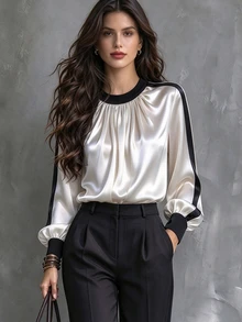 Trelyra Elegant Daily Commute Office Shirt Black & White Color Block Patchwork French Style Party Holiday Blouse - Multicolor - View 6