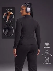 Powerista Women's Plus Size Black Solid Color Performance Full Zip Sports Jacket Breathable Long Sleeve Track Top Active Wear Gym Fall Alternative - Black - View 3
