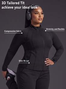 Powerista Women's Plus Size Black Solid Color Performance Full Zip Sports Jacket Breathable Long Sleeve Track Top Active Wear Gym Fall Alternative - Black - View 6
