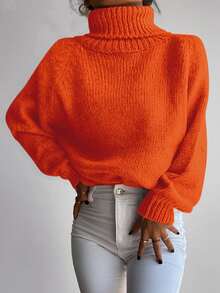 Cloudara Turtleneck Raglan Sleeve Ribbed Knit Sweater - Orange - View 7
