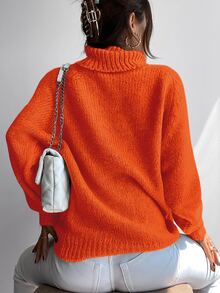 Cloudara Turtleneck Raglan Sleeve Ribbed Knit Sweater - Orange - View 2