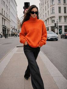 Cloudara Turtleneck Raglan Sleeve Ribbed Knit Sweater - Orange - View 3