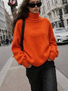Cloudara Turtleneck Raglan Sleeve Ribbed Knit Sweater - Orange - View 4