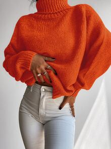 Cloudara Turtleneck Raglan Sleeve Ribbed Knit Sweater - Orange - View 9