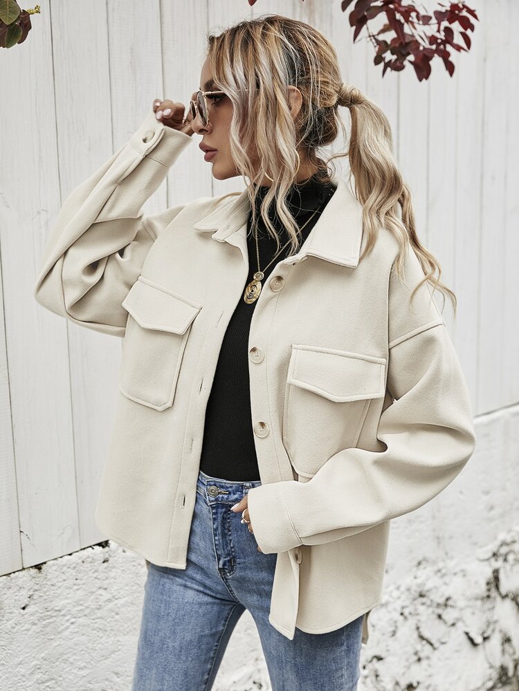 Cloudara Flap Pocket Drop Shoulder Overcoat - Apricot - View 5