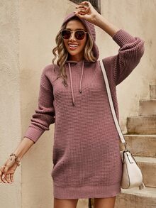 Cloudara Drop Shoulder Drawstring Hooded Jumper Dress - Pink - View 8