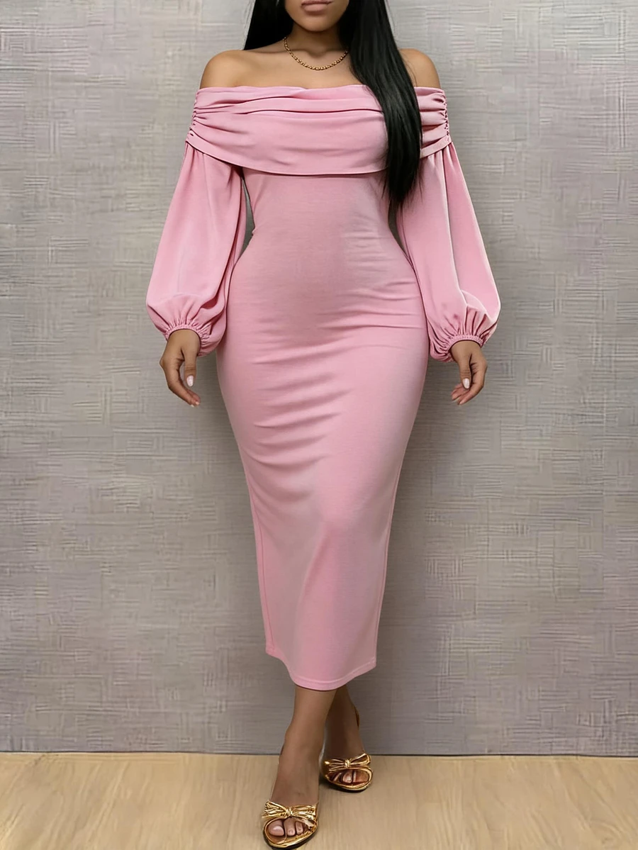 Eryvara Women's Solid Color Ruched Cold Shoulder Lantern Sleeve Fitted Dress, Pink, Elegant Autumn Evening Wear - Pink - View 1