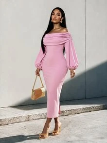 Eryvara Women's Solid Color Ruched Cold Shoulder Lantern Sleeve Fitted Dress, Pink, Elegant Autumn Evening Wear - Pink - View 8