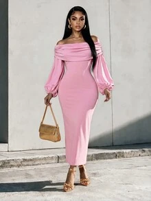 Eryvara Women's Solid Color Ruched Cold Shoulder Lantern Sleeve Fitted Dress, Pink, Elegant Autumn Evening Wear - Pink - View 7