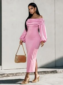 Eryvara Women's Solid Color Ruched Cold Shoulder Lantern Sleeve Fitted Dress, Pink, Elegant Autumn Evening Wear - Pink - View 4