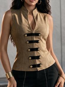 Eryvara Suede Hook And Eye Zip Front Mock Neck Slim Fit Tank Top - Brown - View 5