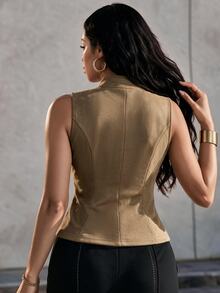 Eryvara Suede Hook And Eye Zip Front Mock Neck Slim Fit Tank Top - Brown - View 7