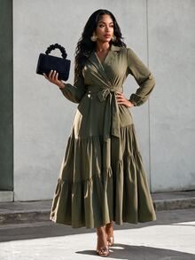 Eryvara Women's New Solid Color Spring/Autumn Casual Shirt Collar Ruffle Hem Cinched Waist Loose Dress - Green - View 4