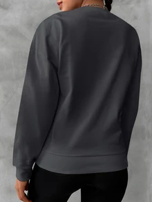 Cloudara Solid Drop Shoulder Sweatshirt For Autumn - Dark Grey - View 2