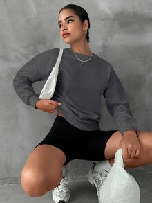 Cloudara Solid Drop Shoulder Sweatshirt For Autumn - Dark Grey - View 6