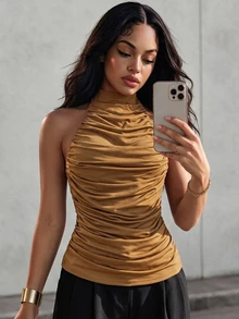 Eryvara Women's New Minimalist Casual Sexy Fashion Versatile Halter Neck Tank Top, Suitable For Hot Girl Date Going Out Night Out, Camel Summer - Brown - View 8