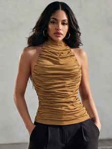 Eryvara Women's New Minimalist Casual Sexy Fashion Versatile Halter Neck Tank Top, Suitable For Hot Girl Date Going Out Night Out, Camel Summer - Brown - View 7