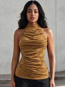Eryvara Women's New Minimalist Casual Sexy Fashion Versatile Halter Neck Tank Top, Suitable For Hot Girl Date Going Out Night Out, Camel Summer - Brown - View 4
