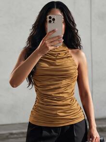 Eryvara Women's New Minimalist Casual Sexy Fashion Versatile Halter Neck Tank Top, Suitable For Hot Girl Date Going Out Night Out, Camel Summer - Brown - View 3