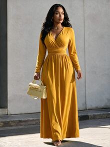 Eryvara Mustard Yellow Deep V-Neck Backless Long Sleeve Dress, Backless Tie Bow Waist Belt, Solid Color Backless Casual Elegant Dress For Vacation Brunch Fall - Yellow - View 7