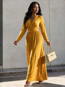 Eryvara Mustard Yellow Deep V-Neck Backless Long Sleeve Dress, Backless Tie Bow Waist Belt, Solid Color Backless Casual Elegant Dress For Vacation Brunch Fall - Yellow - View 6