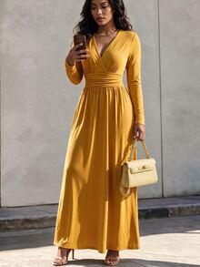 Eryvara Mustard Yellow Deep V-Neck Backless Long Sleeve Dress, Backless Tie Bow Waist Belt, Solid Color Backless Casual Elegant Dress For Vacation Brunch Fall - Yellow - View 4