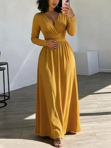 Eryvara Mustard Yellow Deep V-Neck Backless Long Sleeve Dress, Backless Tie Bow Waist Belt, Solid Color Backless Casual Elegant Dress For Vacation Brunch Fall - Yellow - View 1