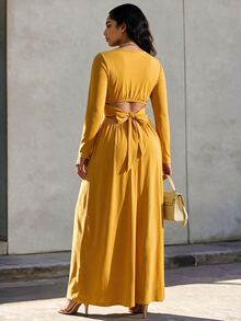 Eryvara Mustard Yellow Deep V-Neck Backless Long Sleeve Dress, Backless Tie Bow Waist Belt, Solid Color Backless Casual Elegant Dress For Vacation Brunch Fall - Yellow - View 2