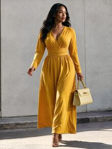 Eryvara Mustard Yellow Deep V-Neck Backless Long Sleeve Dress, Backless Tie Bow Waist Belt, Solid Color Backless Casual Elegant Dress For Vacation Brunch Fall - Yellow - View 8