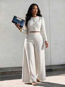 Eryvara Textured Knit Button Front Crop Jacket & Wide Leg Pants Set - White - View 6