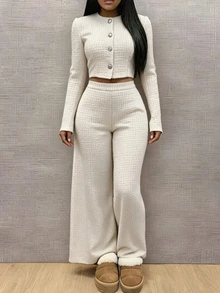 Eryvara Textured Knit Button Front Crop Jacket & Wide Leg Pants Set - White - View 1