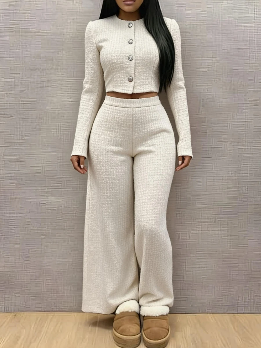 Eryvara Textured Knit Button Front Crop Jacket & Wide Leg Pants Set - White - View 1