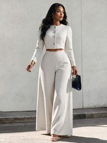 Eryvara Textured Knit Button Front Crop Jacket & Wide Leg Pants Set - White - View 7