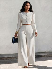 Eryvara Textured Knit Button Front Crop Jacket & Wide Leg Pants Set - White - View 4