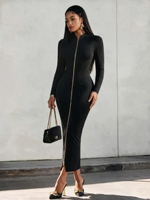 Eryvara Slim Fit Zip Up Bodycon Long Dress - Black - View 5