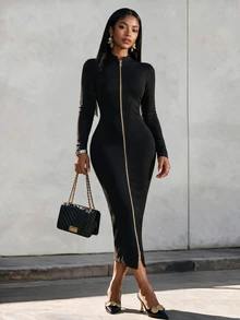 Eryvara Slim Fit Zip Up Bodycon Long Dress - Black - View 2