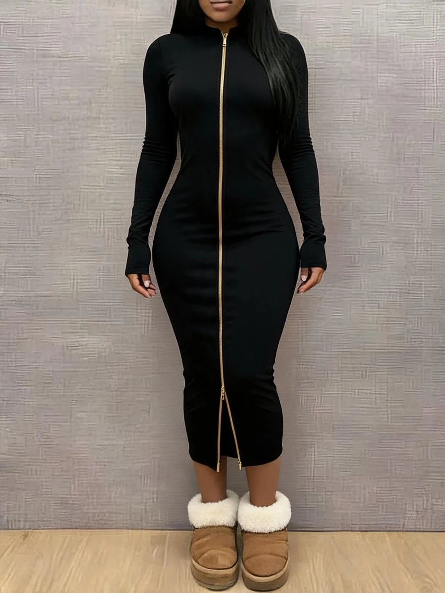 Eryvara Slim Fit Zip Up Bodycon Long Dress - Black - View 1