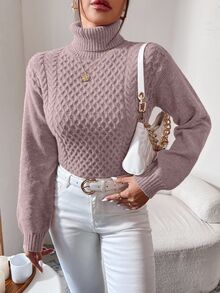 Cloudara Turtleneck Cable Knit Sweater - Dusty Pink - View 8