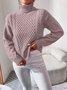 Cloudara Turtleneck Cable Knit Sweater - Dusty Pink - View 6