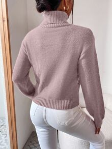Cloudara Turtleneck Cable Knit Sweater - Dusty Pink - View 3